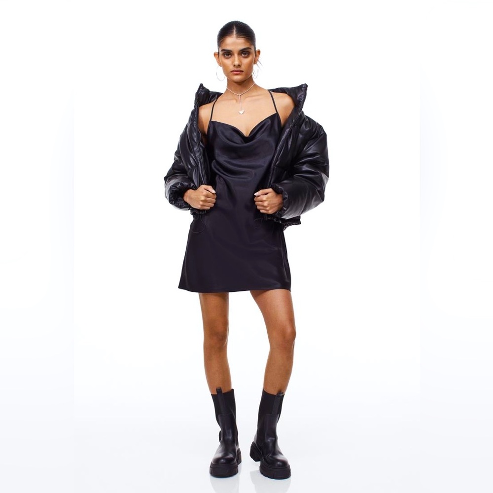 Divided Black Short Satin Dress